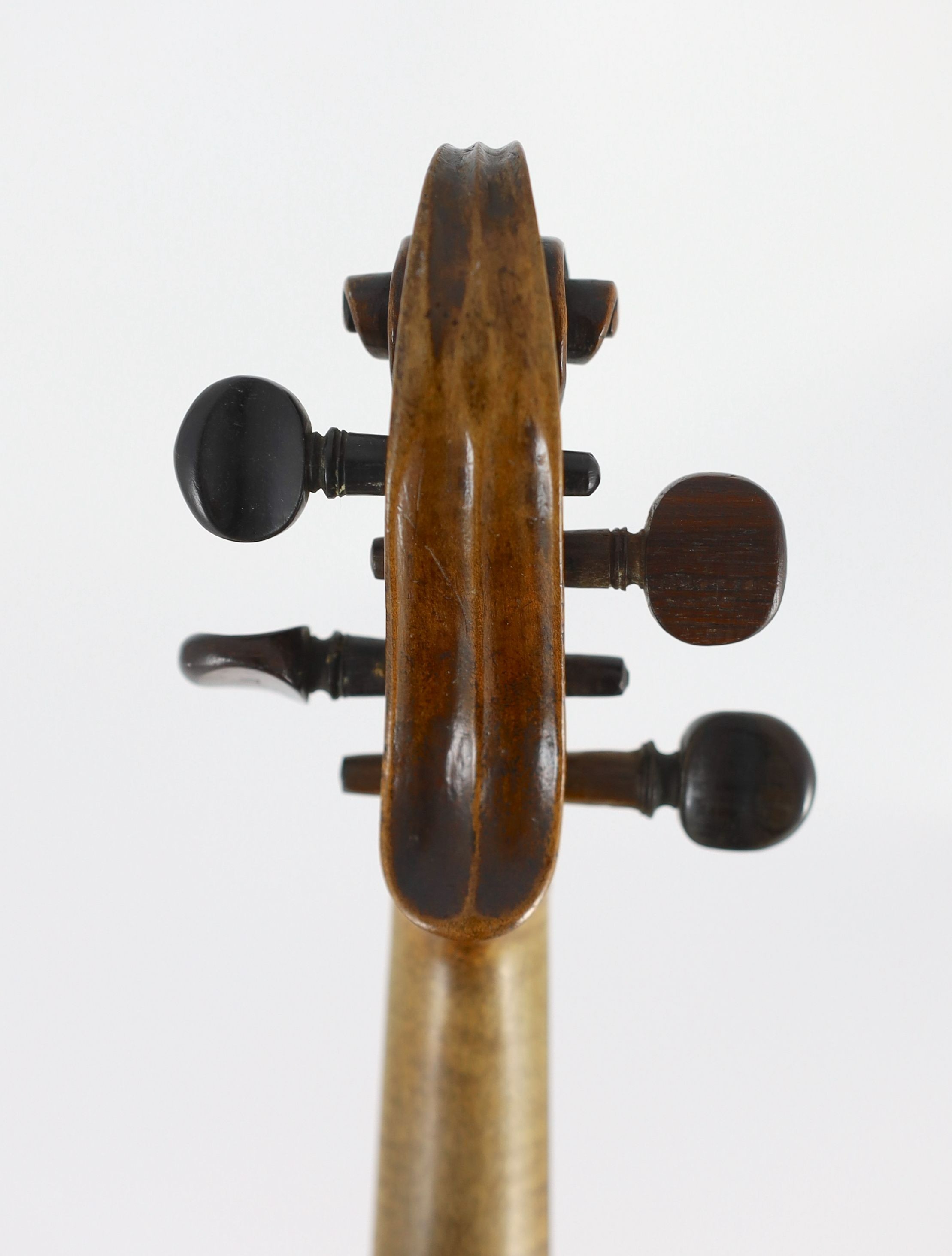 A 19th century violin, degraded internal paper label reads ‘Amati’, back measurement 36cm